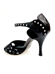 Load image into Gallery viewer, BRUNA/BO Sw Plus F.3407 (R.L. by WISH DANCE) - Sandalo da donna Tallone in camoscio nero con applicazione Swarovski Boreali e Vernice nera Tomaia Pizzo Sally Nero con Tacco a Rocchettino Smaltato nero