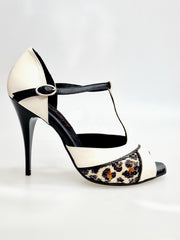 Load image into Gallery viewer, JANIS   F.626 (R.L. by WISH DANCE) - Scarpa in Pelle Beige e Pelle Nera con inserto in Materiale di Paillettes Leopardate Tacco a Spillo Sottile Smaltato Nero