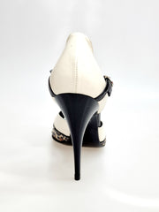 Load image into Gallery viewer, JANIS   F.626 (R.L. by WISH DANCE) - Scarpa in Pelle Beige e Pelle Nera con inserto in Materiale di Paillettes Leopardate Tacco a Spillo Sottile Smaltato Nero