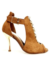 Load image into Gallery viewer, DINKA (2304) - Scarpa da Donna in Camoscio Cognac inserto collopiede in Glitter Oro Light Tacco a Spillo Laminato Oro