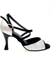 Load image into Gallery viewer, WENDY/BO F.533 (R.L. by WISH DANCE) - Sandalo in Camoscio Nero e Glitter Argento Tacco Basso a Rocchetto rotondo Smaltato Nero