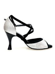 Load image into Gallery viewer, WENDY/BO F.533 (R.L. by WISH DANCE) - Sandalo in Camoscio Nero e Glitter Argento Tacco Basso a Rocchetto rotondo Smaltato Nero