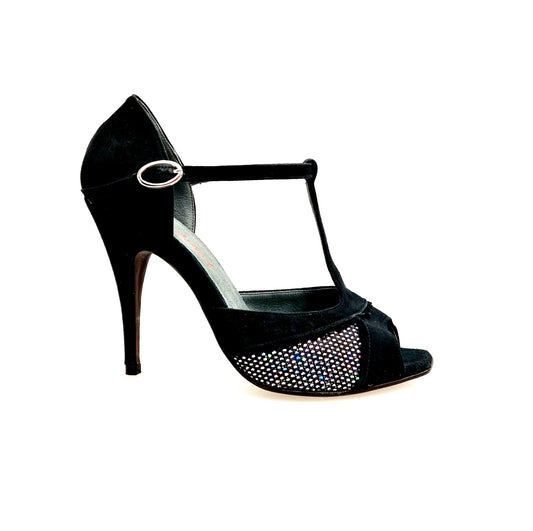 Scarpa in Camoscio Nero e Rachele Boreale Multicolor Tacco a Spillo Sottile JANIS F.626 Wish Dance, vista laterale