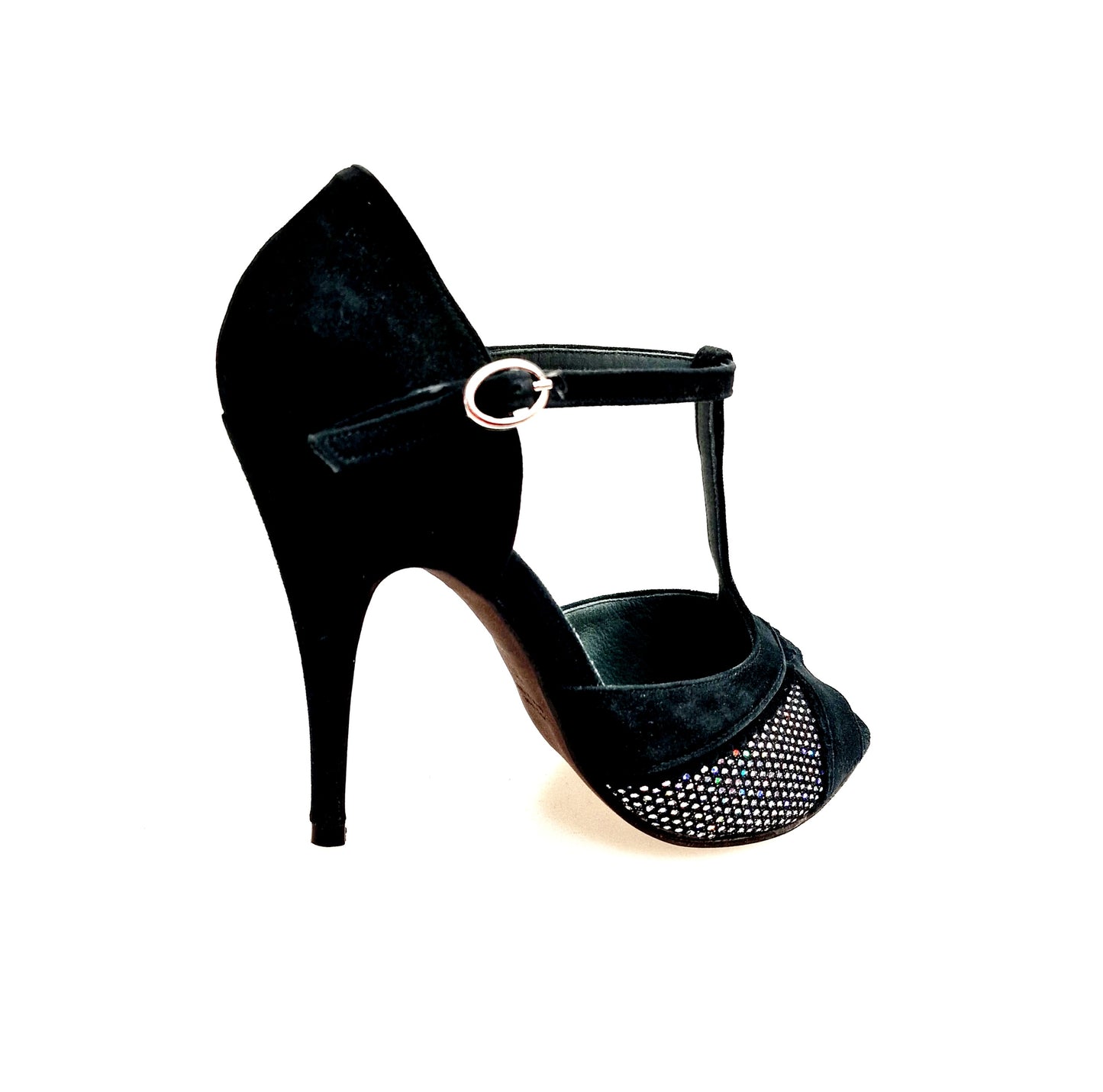 Scarpa in camoscio nero e rachele multicolore con tacco a spillo sottile, modello JANIS F.626 di Wish Dance Shop.