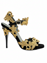 Carica immagine nella Galleria, NURYA PZ F.626 (R.L. by WISH DANCE) Sandalo da Donna in Raso Seta Nera con Applicazione di Pizzo Macramé Tacco a Spillo Sottile Smaltato Nero