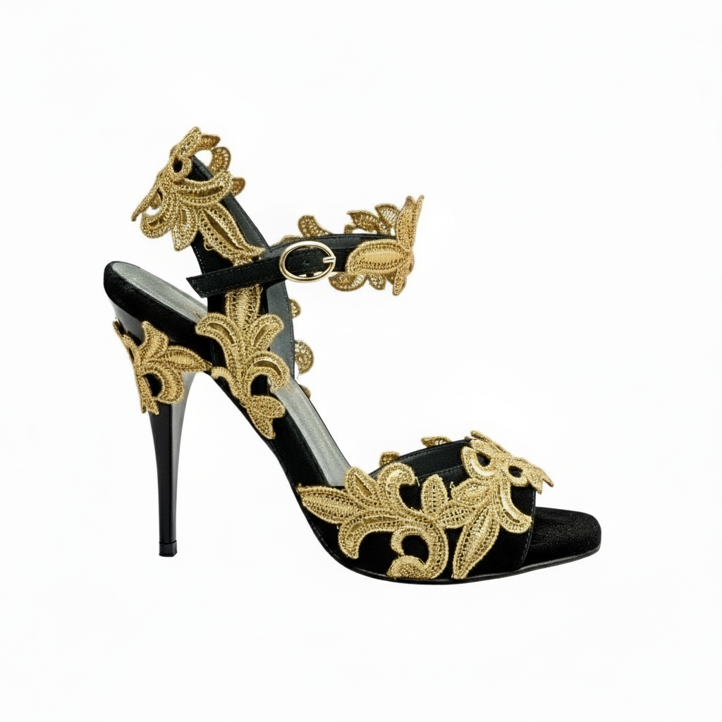 Sandalo donna Wish Dance PZ F.626 in raso nero con applicazione di pizzo macramé, tacco a spillo sottile e finitura smaltata nera.