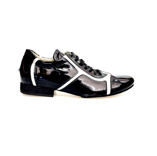 Scarpa Antony 115 da uomo in vernice nera con inserti in pelle argento, sneaker Wish Dance Shop, stile moderno e originale