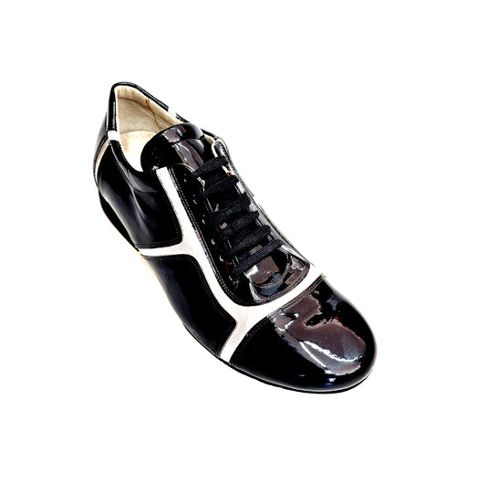 Sneaker Antony 115 da uomo in vernice nera con inserti in pelle argento, scarpa casual elegante e alla moda