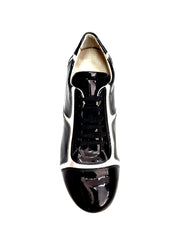 Load image into Gallery viewer, Scarpa Antony 115 da uomo, sneaker in vernice nera con inserti in pelle argento, stile casual e moderno.