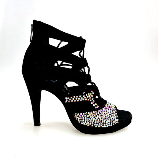 Sandalo a Tronchetto in Camoscio Nero e Swarovski Boreali parziali Olimpya One Wish Dance, vista laterale