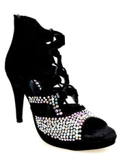 Load image into Gallery viewer, Olimpya One - Sandalo a Tronchetto in Camoscio Nero e Swarovski Boreali parziali con Plateau e Tacco alto a Spillo largo