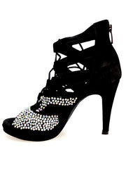 Load image into Gallery viewer, Olimpya One - Sandalo a Tronchetto in Camoscio Nero e Swarovski Boreali parziali con Plateau e Tacco alto a Spillo largo