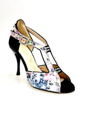 Load image into Gallery viewer, Sandalo Outlet 1557H (401) in tela acquarello con disegno floreale, tacco a spillo e dettaglio in lurex nero.