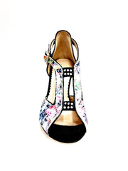 Load image into Gallery viewer, Sandalo in tela acquarello con disegno floreale, tacco a spillo e dettaglio in lurex nero, modello 1557H (401) Outlet