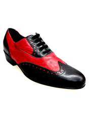 Carica immagine nella Galleria, Scarpa da uomo Samuel Movida Wish Dance con tomaia in pelle nera e rossa, tacco in legno, forma lunga, stile elegante.