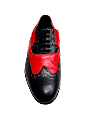 Carica immagine nella Galleria, Scarpa da uomo Samuel Movida di Wish Dance, pelle nera e rossa, tacco in legno, forma lunga, elegante e moderna.