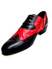 Carica immagine nella Galleria, Scarpa da uomo Samuel Movida by Wish Dance in pelle nera e rossa con tacco in legno, forma lunga, dettaglio elegante.