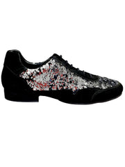 Load image into Gallery viewer, Scarpa da uomo Movida by WISH DANCE, sneaker in camoscio nero con dettagli di paillettes argento e nero.