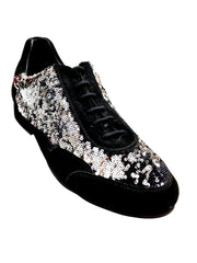 Load image into Gallery viewer, Sneaker da uomo Movida by WISH DANCE in camoscio nero con dettagli paillettes argento, scarpa casual elegante.