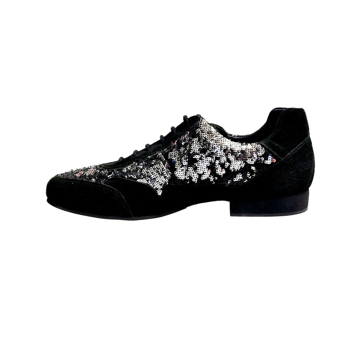 Scarpa da uomo Movida by WISH DANCE, sneaker in camoscio nero con dettagli di paillettes argento.