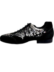 Load image into Gallery viewer, Scarpa da uomo Movida by WISH DANCE, sneaker in camoscio nero con dettagli di paillettes argento.