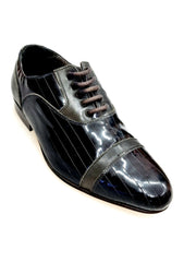 Load image into Gallery viewer, Scarpa da uomo brad Movida by Wish Dance in pelle nera e vernice nera gessata con tacco in legno, dettagli eleganti e moderni