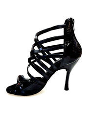 Carica immagine nella Galleria, Natalia (360) - Sandalo alto da Donna in Vernice Nera e Pelle Nera con Fascette in Pelle Nera e Vernice nera con Tacco a Spillo