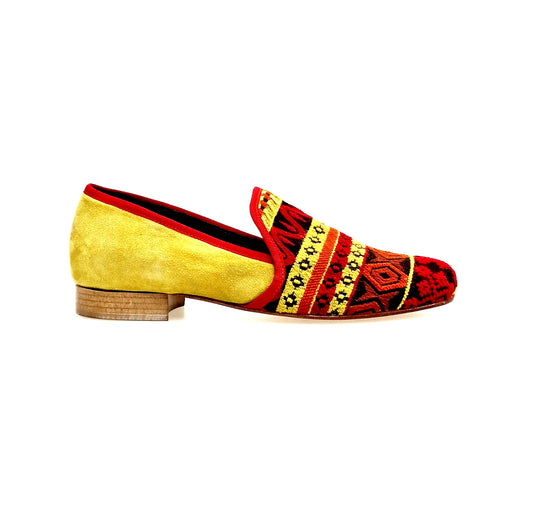 Mocassino uomo Wish Dance Shop MS21 in tessuto con fantasie messicane, tallone in camoscio giallo senape, tacco in legno