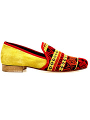 Carica immagine nella Galleria, Mocassino uomo Wish Dance Shop MS21 in tessuto con fantasie messicane, tallone in camoscio giallo senape, tacco in legno