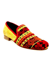 Carica immagine nella Galleria, Mocassino uomo Wish Dance Shop MS21 in tessuto fantasia messicana con tallone in camoscio giallo senape e tacco in legno