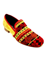 Carica immagine nella Galleria, Mocassino uomo Wish Dance Shop MS21 in tessuto con fantasie messicane, tallone in camoscio giallo senape e tacco in legno