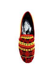 Carica immagine nella Galleria, Mocassino uomo Mexican MS21 di Wish Dance Shop, tessuto fantasia, tallone in camoscio giallo senape, tacco in legno.