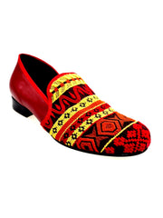 Carica immagine nella Galleria, Mocassino uomo Wish Dance Shop MS21 in tessuto con fantasie messicane, tallone in pelle rossa e tacco in legno