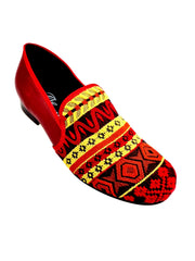 Carica immagine nella Galleria, Mocassino uomo Wish Dance Shop MS21 in tessuto con fantasie messicane, tallone in pelle rossa e tacco in legno.