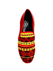 Carica immagine nella Galleria, Mocassino uomo Mexican MS21 in tessuto con fantasie messicane, tallone in pelle rossa e tacco in legno, stile casual elegante