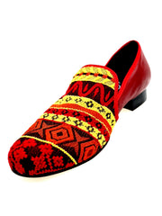 Carica immagine nella Galleria, Mocassino uomo Mexican MS21 con tessuto fantasia, tallone in pelle rossa e tacco in legno, scarpe Wish Dance Shop