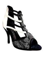 Load image into Gallery viewer, Viper Black/White (460PW) - Sandalo da Donna in Camoscio Nero Livrea Vipera con borchiette bianche e Grigio Specchio Tallone in Pelle Bianca Elastici in Pelle sia Bianchi che Neri con Tacco a Spillo Rivestito Pelle Bianca