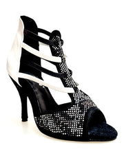 Carica immagine nella Galleria, Viper Black/White (460PW) - Sandalo da Donna in Camoscio Nero Livrea Vipera con borchiette bianche e Grigio Specchio Tallone in Pelle Bianca Elastici in Pelle sia Bianchi che Neri con Tacco a Spillo Rivestito Pelle Bianca