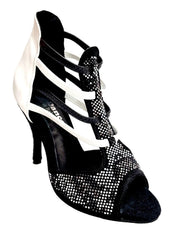 Load image into Gallery viewer, Viper Black/White (460PW) - Sandalo da Donna in Camoscio Nero Livrea Vipera con borchiette bianche e Grigio Specchio Tallone in Pelle Bianca Elastici in Pelle sia Bianchi che Neri con Tacco a Spillo Rivestito Pelle Bianca