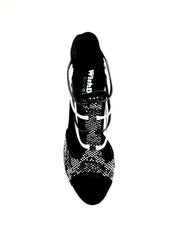 Carica immagine nella Galleria, Viper Black/White (460PW) - Sandalo da Donna in Camoscio Nero Livrea Vipera con borchiette bianche e Grigio Specchio Tallone in Pelle Bianca Elastici in Pelle sia Bianchi che Neri con Tacco a Spillo Rivestito Pelle Bianca