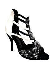 Load image into Gallery viewer, Viper Black/White (460PW) - Sandalo da Donna in Camoscio Nero Livrea Vipera con borchiette bianche e Grigio Specchio Tallone in Pelle Bianca Elastici in Pelle sia Bianchi che Neri con Tacco a Spillo Rivestito Pelle Bianca