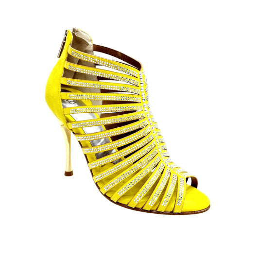 Sandalo a tronchetto donna ElsY Plus in morbo camoscio giallo con Swarovski Boreali e tacco a spillo laminato oro.