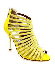 Load image into Gallery viewer, ELSY Plus (L7) - Sandalo a Tronchetto Da Donna in Morbido Camoscio Giallo Con Swarovski Boreali e Tacco a Spillo Laminato Oro