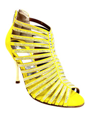 Load image into Gallery viewer, ELSY Plus (L7) - Sandalo a Tronchetto Da Donna in Morbido Camoscio Giallo Con Swarovski Boreali e Tacco a Spillo Laminato Oro