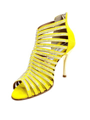 Load image into Gallery viewer, ELSY Plus (L7) - Sandalo a Tronchetto Da Donna in Morbido Camoscio Giallo Con Swarovski Boreali e Tacco a Spillo Laminato Oro