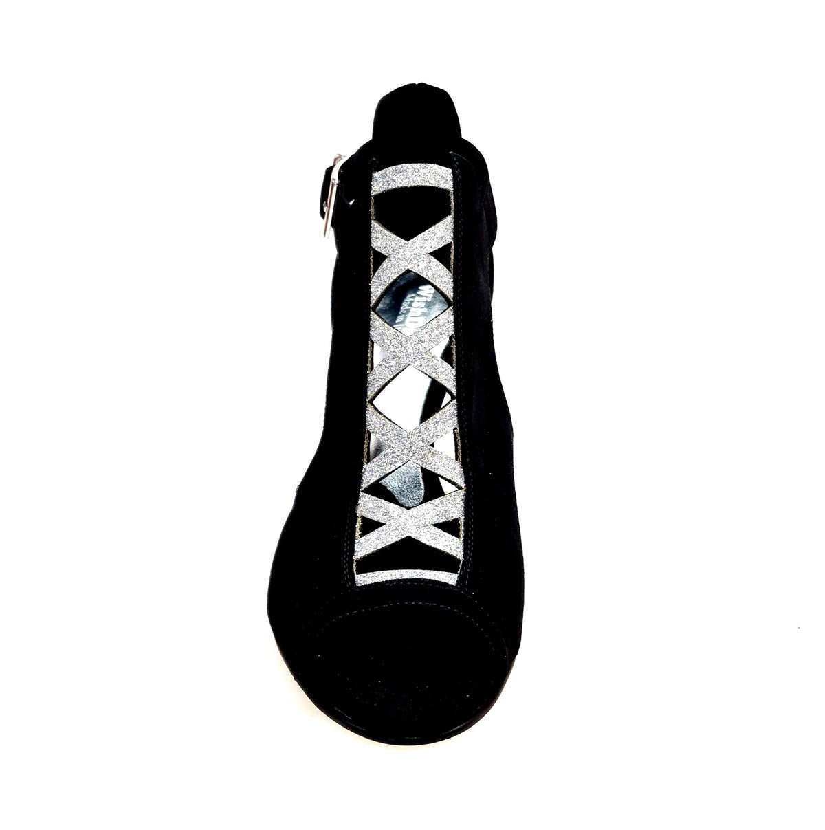 Scarpa donna DINKA Wish Dance Shop in camoscio nero con inserto glitter argento e tacco stiletto squadrato laminato argento