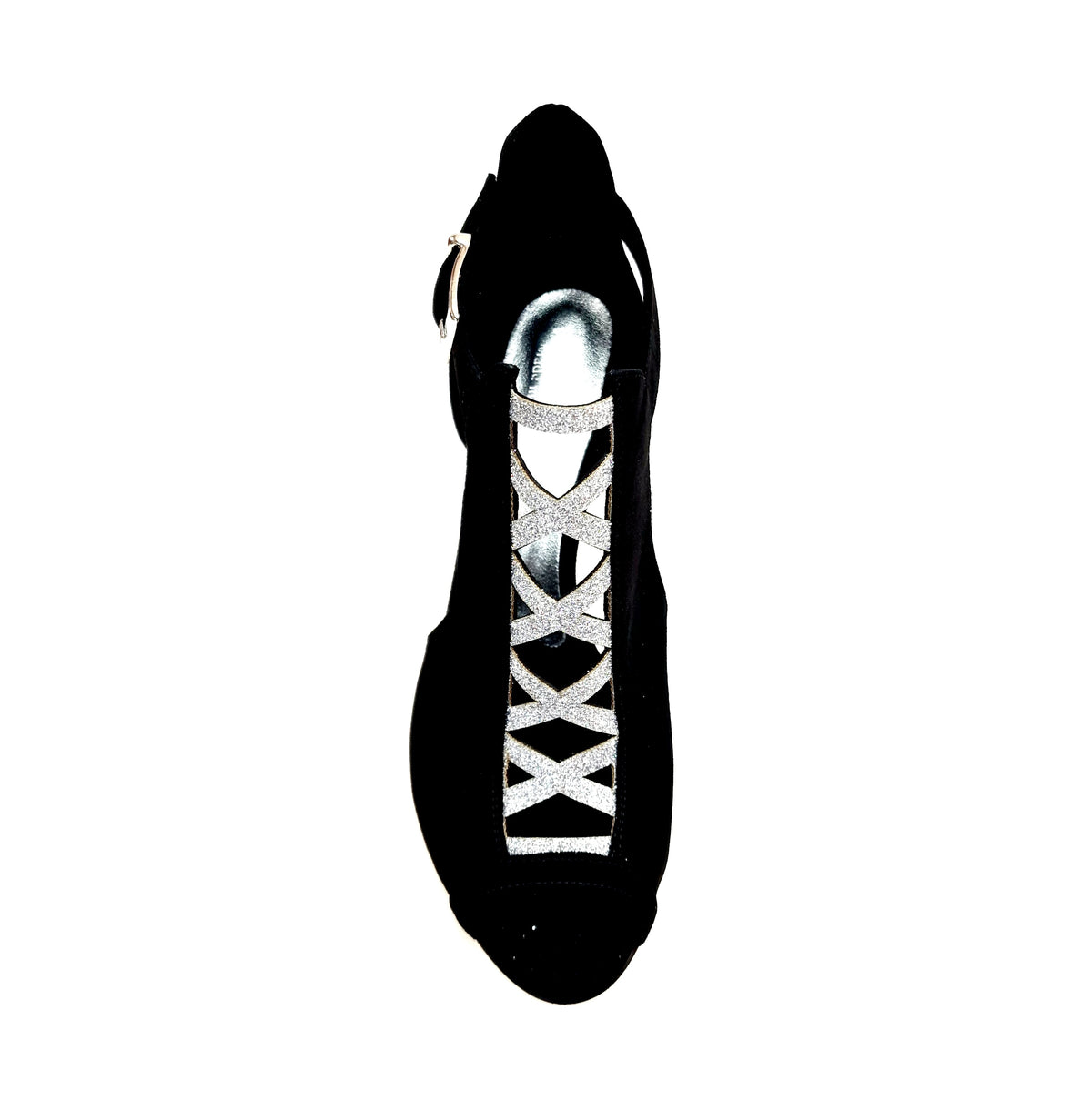 Scarpa da Donna in Camoscio Nero inserto collopiede in Glitter Argento Tacco a Stiletto Squadrato Sottile, dettaglio tacco