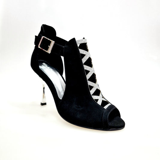 Scarpa da donna DINKA Wish Dance Shop in camoscio nero con inserti glitter argento, tacco squadrato sottile laminato argento