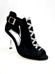 Load image into Gallery viewer, DINKA (2304) -  Scarpa da Donna in Camoscio Nero inserto collopiede in Glitter Argento Tacco a Stiletto Squadrato Sottile Laminato Argento