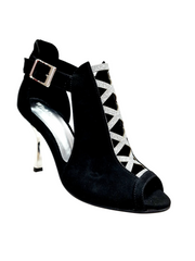 Carica immagine nella Galleria, DINKA (2304) - Scarpa da Donna in Camoscio Nero inserto collopiede in Glitter Argento Tacco a Stiletto Squadrato Sottile Laminato Argento